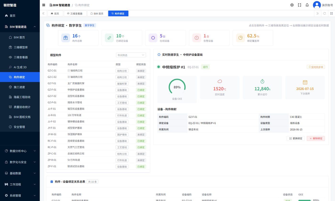 BIM 构件—设备数字孪生:三维构件绑定设备台账与实时监测