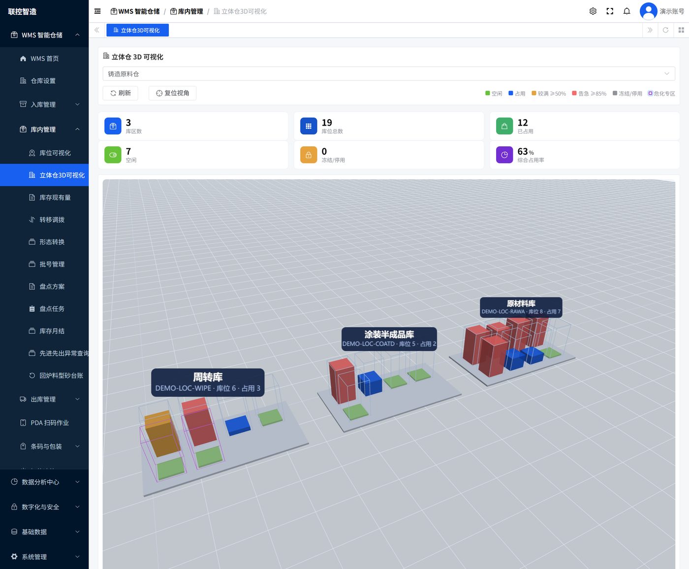 WMS 3D 立体仓可视化:货架装载率三维呈现